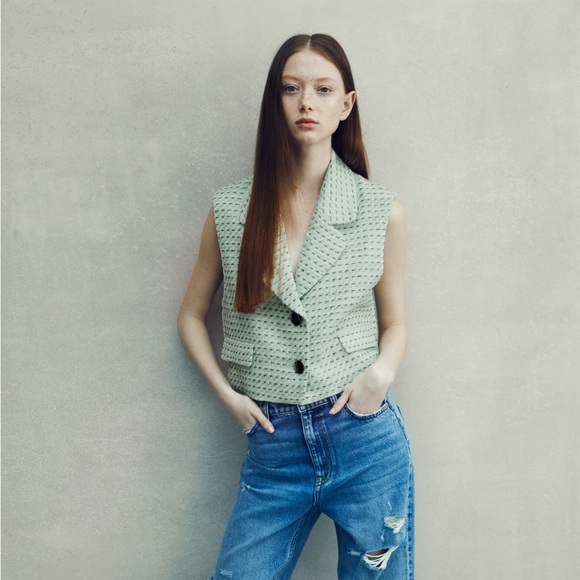 Zara Tweed Short Textured Waistcoat Vest - Picture 2 of 11